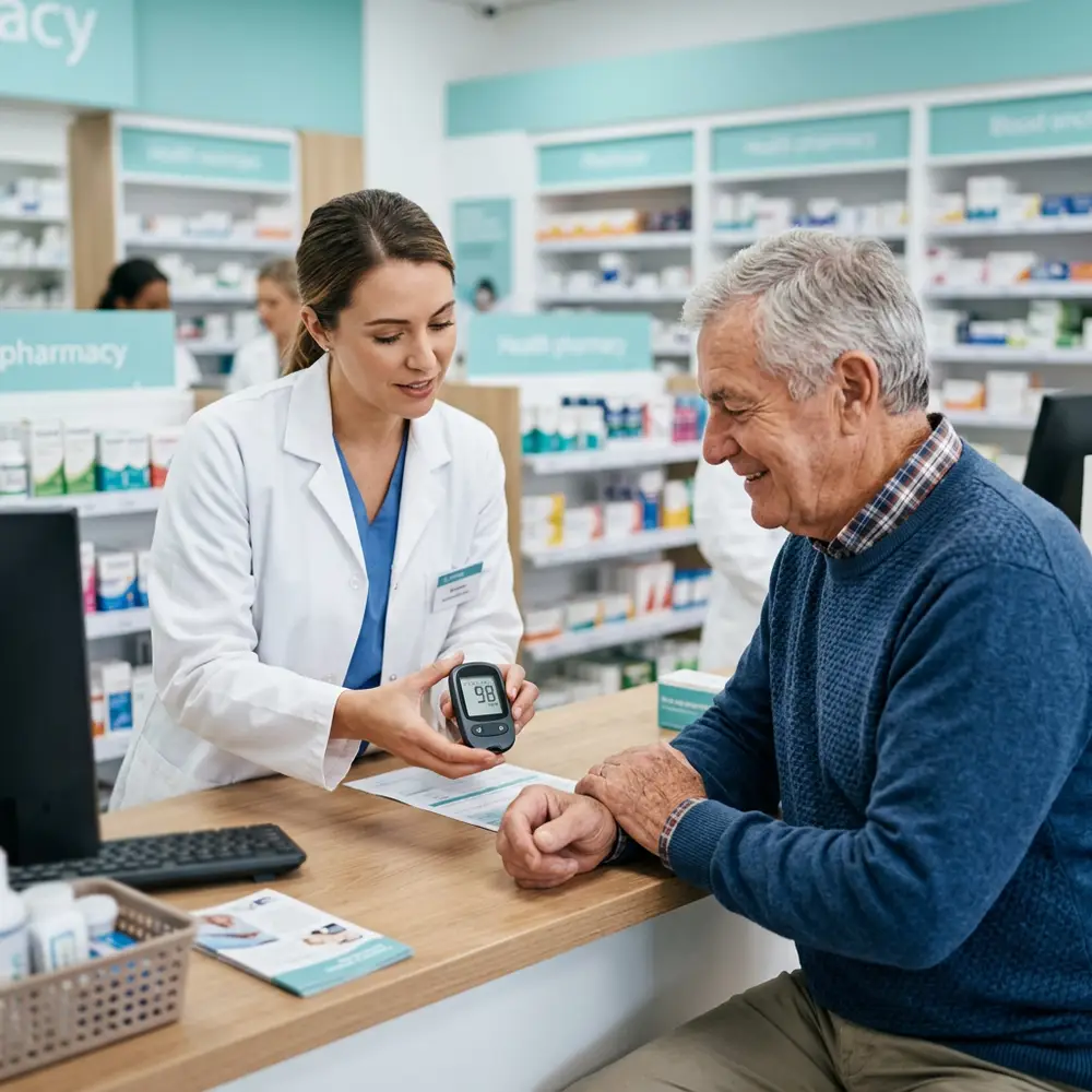 Pharmacist reviewing a blood glucose meter with a patient