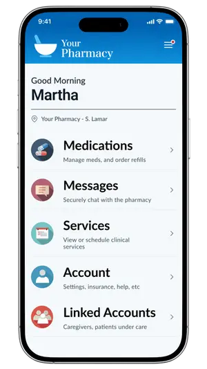 Patient portal home screen showing medications, messages, services, and account