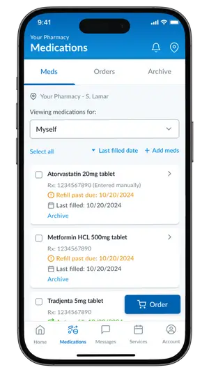 Patient portal medications screen showing prescriptions and refill status